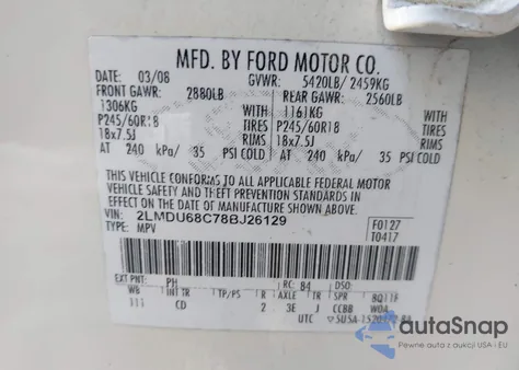 2008 Lincoln Mkx из США, поврежденный, VIN 2LMDU68C78BJ26129